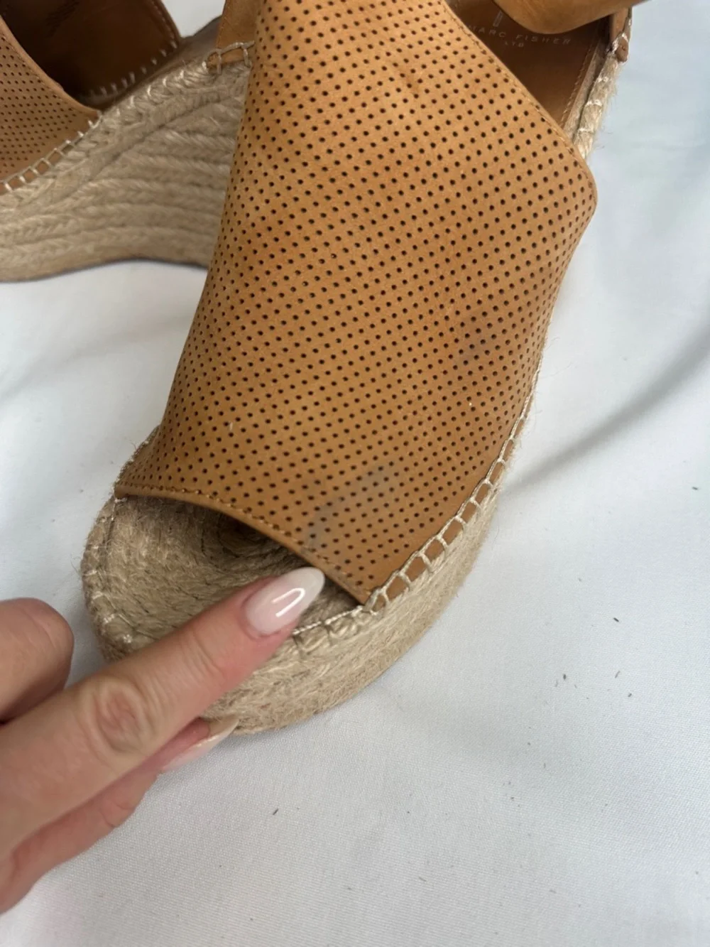 Marc Fisher Tan Perforated Leather Espadrille Wedge Sandals
